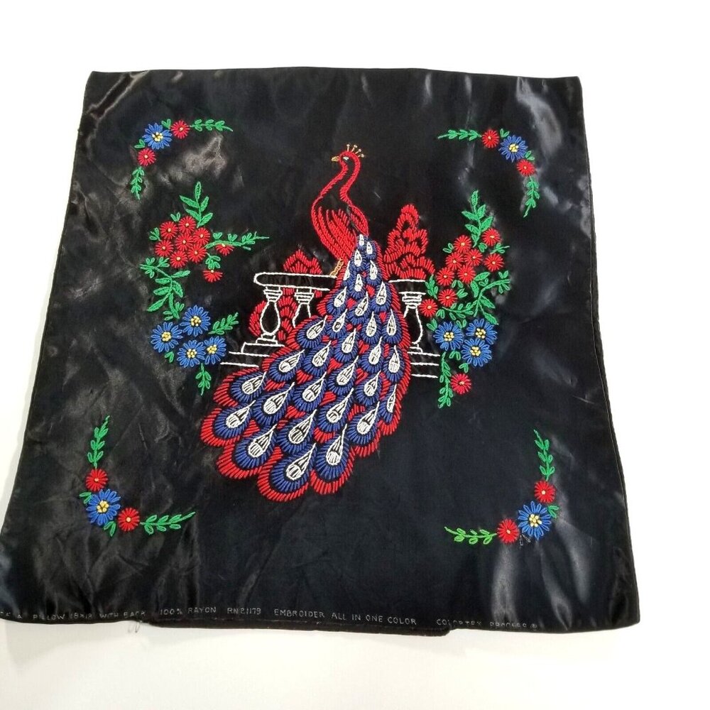 Peacock Satin Throw Pillow Cover Hand Embroidered 16X17 Black Red